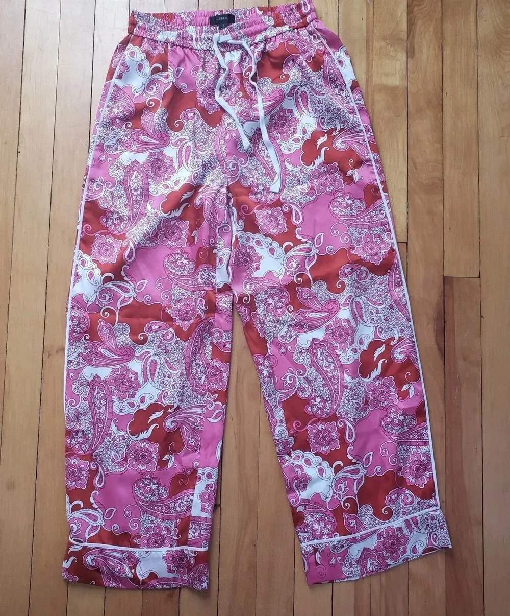 J Crew Lounge Pajama Pants Pink Silky Elastic Waist Drawstring Sz 2